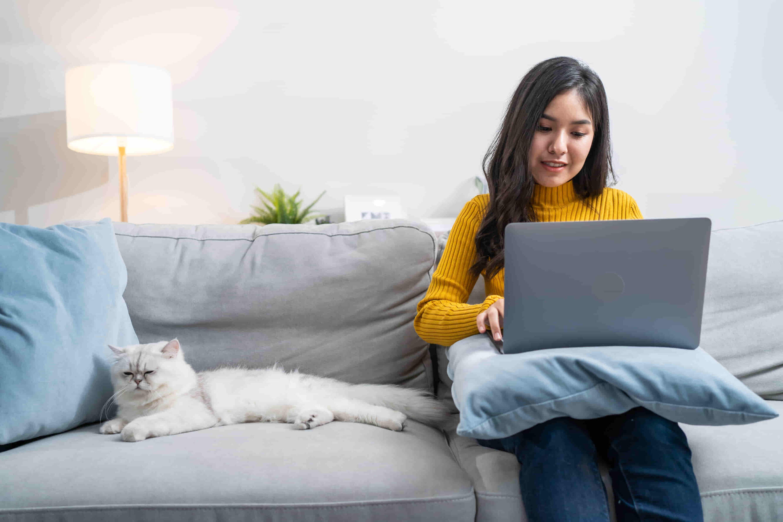 Chica con laptop sentada en una sofá buscando trabajos usa mexicanas